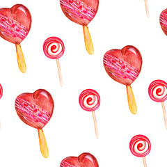 Watercolor ice cream sweets pattern. Seamless pattern with watercolor popsicles on a stick isolated on white background. Hand painted sweet  dessert background perfect for textiles and scrapbooking.