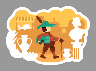 Merchant 2D vector web banner, poster. Commerce in historical period. Medieval trader flat characters on cartoon background. Antique market printable patches, colorful web elements