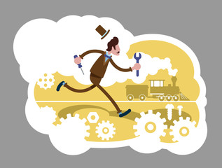 Mechanizer 2D vector web banner, poster. Technician with wrench and cog. Industrial mechanic flat characters on cartoon background. Steam engine vehicle printable patches, colorful web elements
