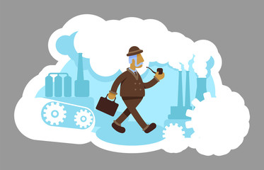 Industrialist 2D vector web banner, poster. Smog from urban facility. Heavy industry. Factory worker flat characters on cartoon background. Labor printable patches, colorful web elements