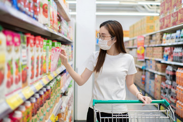 COVID-19 Pandemic Coronavirus Asian Women with cart shopping in the supermarket. wearing mask Protects against the coronavirus or Covid-19 quarantine.