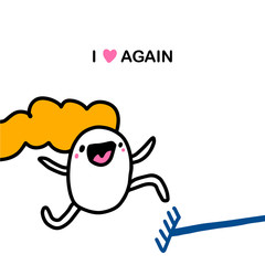 Obraz premium I love again hand drawn vector illustration in cartoon comic style woman happy jumping on rake