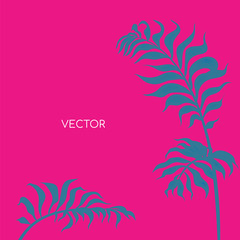 Fototapeta na wymiar Botanical branch flat color vector background. Grey fern twig on vibrant pink backdrop. Floral leaves. Tropical summer vacation social media post mock up. Exotic resort web banner template