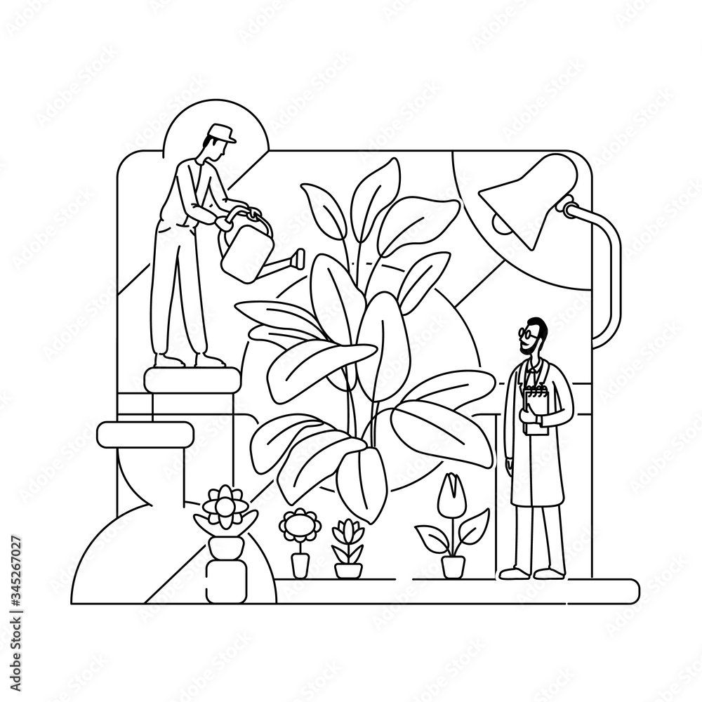 Poster botanical experiment thin line concept vector illustration. lab workers, botanists 2d cartoon charac