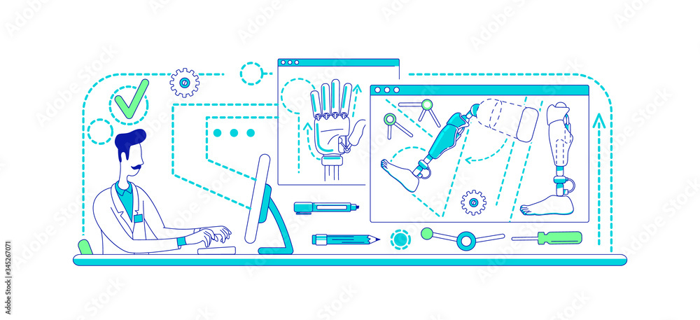 Poster prosthesis development laboratory thin line concept vector illustration. lab worker 2d cartoon chara