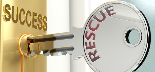 Rescue and success - pictured as word Rescue on a key, to symbolize that Rescue helps achieving success and prosperity in life and business, 3d illustration