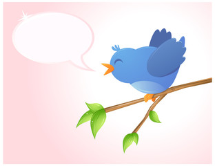 A vector illustration of a cute happy blue bird sitting on a branch tweeting an empty conversation bubble on a pink background