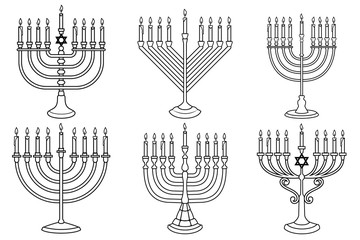Set of Illustrations of Hanukkah candle in engraving style isolated on white background. Design element for poster, card, banner, sign, emblem. Vector image - obrazy, fototapety, plakaty