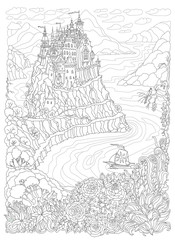 Fantasy landscape. Fairy tale castle on a hill in the mountains .Sea fjord bay, sailing boat, pixie forest, garden roses, lilies. T-shirt print. Album cover. Coloring book page for adults.Black White