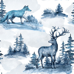 Watercolor seamless pattern with deer, fox, landscape. Witer wildlife nature elements, animals, trees for children's textile, wallpaper, covers