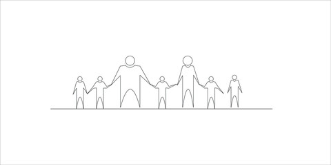 Happy family icon line drawing in simple figures. five children, dad, and mom stand together. A vector can be used as a logotype.