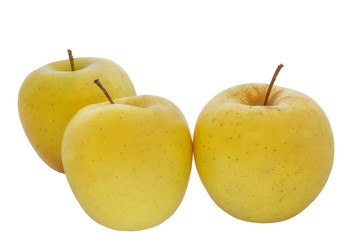 three yellow apple fruits on a white background