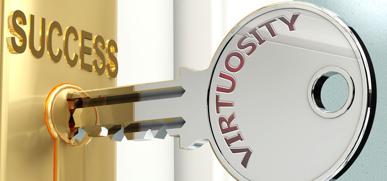 Virtuosity and success - pictured as word Virtuosity on a key, to symbolize that Virtuosity helps achieving success and prosperity in life and business, 3d illustration