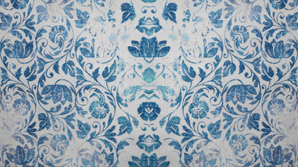 Old blue white gray vintage shabby patchwork tiles stone concrete cement wall texture background 