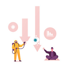 Global Economic Crisis Due to Covid19 Worldwide Pandemic. Trade Markets and Finance Decrease. Human Character in Protective Suit and Businessman at Decline Arrows. Cartoon People Vector Illustration