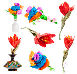 set of artificial multicolored paper flowers isolated