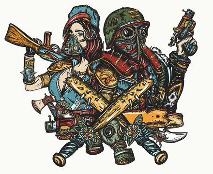 Post apocalypse tattoo and t-shirt design. Doomsday, survival people. Post apocalyptic future. Game art. Dark crime future. Soldier woman in gas mask and futuristic warrior with weapon in hand