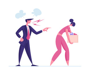 Woman Employee Character Fired From Job. Sad Girl with Carton Box Walking Out of Office with Angry Boss in Formal Suit Pointing to Exit. Firing, Dismissal Concept. Cartoon People Vector Illustration