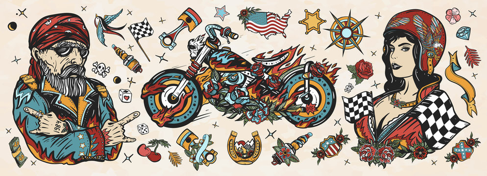 Bikers. Old school tattoo collection. Bearded biker man, burning motorcycle, rider sport woman. Pin up girl, spark plug, moto bike elements. Lifestyle of racers. Traditional tattooing style