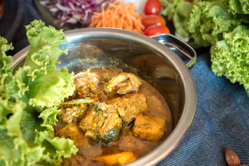 Hot and spicy meat curry dish use turmeric as ingredient. Asian food