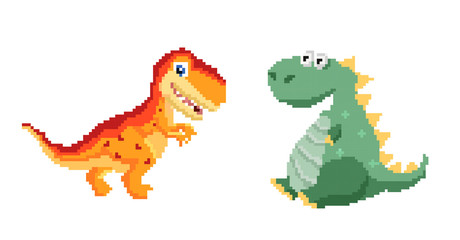 Cute pixel dinosaur isolated on white background, green animal, pixel predator, vector illustration with tyrannosaur, digital imaging with pixel icon
