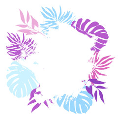 Vector poster with tropical leaves monstera and palm and white square brush stroke on a white background. Colorful banner template .Vector illustration isolated on white background.