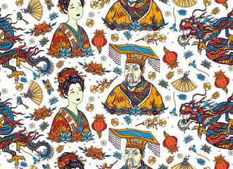 Colorful China seamless pattern. Chinese dragon, emperor, queen in traditional costume, fan, red lantern, lotus flower. Old school tattoo style. Ancient history and culture. Asian background