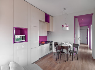 modern dining room interior and kitchen with wooden floor