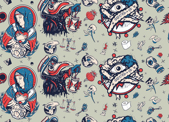 Naklejka premium Coronavirus seamless pattern. Stay home background. Old school tattoo. Stop epidemic. Plague doctor, COVID-19 (SARS-CoV-2), Virgin Mary mourns the death of world, all seeing eye