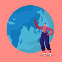 Female Character Pointing with hand on Earth Globe. Peace and Ecology Protection Concept. Woman Pacifist or Volunteer Planet Save Propaganda, Positive Thinking, Humanity. Cartoon Vector Illustration