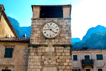 View of the clock tower in the old town of Kotor, Montenegro.