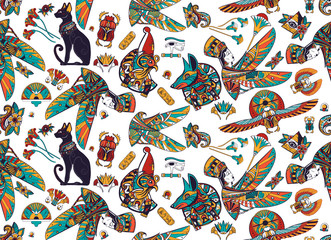 Obraz premium Ancient Egypt seamless pattern. Old school tattoo style. Anubis, Ra horus, black cats, queen Cleopatra, eye Horus. History art. Egyptian civilization background