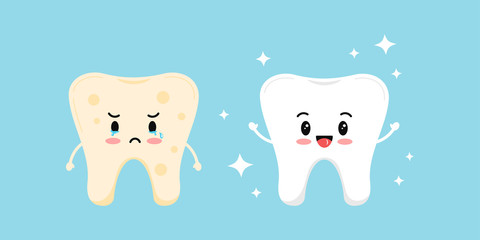 Cute white tooth and tooth with yellow stain plaque before, after icon set.