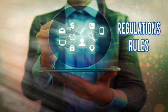 Handwriting text writing Regulations Rules. Conceptual photo Standard Statement Procedure govern to control a conduct