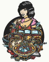 Criminal elegant noir woman, casino lady croupier, pin up girl, gangster car, roulette wheel, weapons, gamblings. Crime movies art. Old Chicago vector concept. Tattoo and t-shirt design