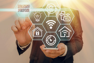 Word writing text Meaning Purpose. Business photo showcasing The reason for which something is done or created and exists