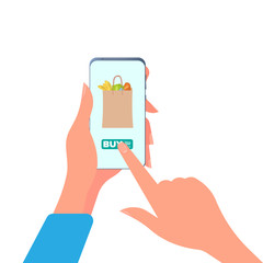 Hand holds a mobile phone. Girl holds the phone in her hand close-up.
Online grocery shopping. Isolated. Vector.