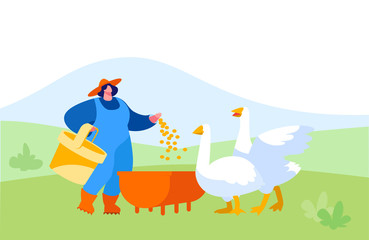 Young Woman in Working Robe Feeding Geese on Nature. Female Farmer, Villager Character at Work. Girl Care of Birds on Poultry Farm at Summertime, Agriculture, Farming. Cartoon Vector Illustration