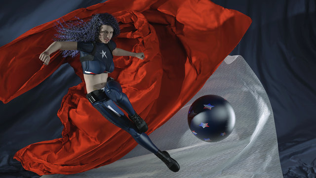 Realistic 3D render illustration of a beautiful sports girl in uniform trying to catch a star-blue ball in a jump