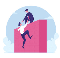 Business Leader Character Help Colleague Climb on Top of High Wall. Businessman Help Teammate to Overcome Problems. Teamwork, Leadership Mutual Assistance Concept. Cartoon People Vector Illustration
