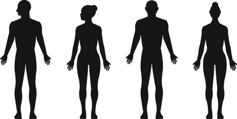 Human silhouette male and female, man and woman realistic black isolated vector icon set
