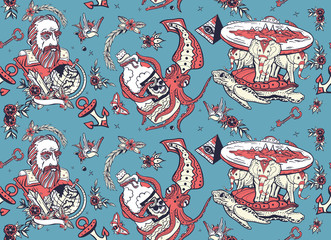 Flat Earth theory. Octopus kraken and Galileo scientist. Seamless pattern. Turtle and three elephants