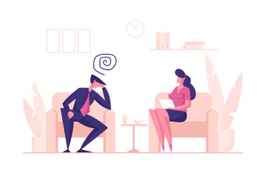 Unhappy Man Character Sitting on Couch at Psychologist Appointment for Professional Help. Doctor, Specialist Talking with Patient of Problem and Writing in Notebook. Cartoon People Vector Illustration