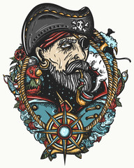 Fototapeta na wymiar Old pirate captain smocking pipe. Elderly sea wolf, parrot, compass, rope, wave, swallows and black cats. Old school tattoo style. Marine t-shirt art. Symbol of ocean adventure, treasure island