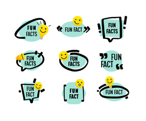 Set of Cute Fun Fact Icons, Symbols or Logo in Simple Style. Speech Bubbles with Megaphone, Light Bulb and Smile Emblems. Modern Banners Isolated on White Background. Cartoon Vector Illustration