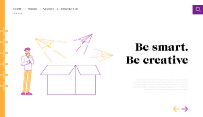 Alternative Thinking, Business and Life Innovation Landing Page Template. Male Character Stand front of Huge Open Carton Box Watching on Paper Airplanes Flying Outside. Linear Vector Illustration