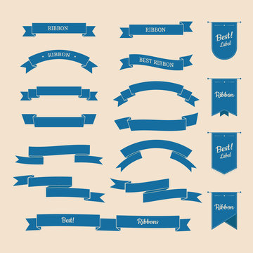 Set Of Blue Vintage Ribbon And Banner. Flat Design Label Collection.