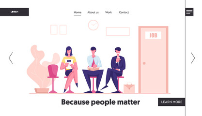 Job Interview or Meeting with Potential Business Partners Landing Page Template. Candidates Characters with Cv Sitting in Waiting Room Setting Mind Up Before. Cartoon People Vector Illustration