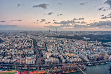 Aerial drone shot of Levallois Neuilly Paris with Eiffel Tower , tour montparnasse, jardin d'acclimation