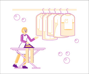 Housewife or Maid in Laundrette. Female Character Employee of Professional Cleaning Service Working Process. Girl Ironing Clean Clothes in Public or Hotel Laundry. Linear People Vector Illustration